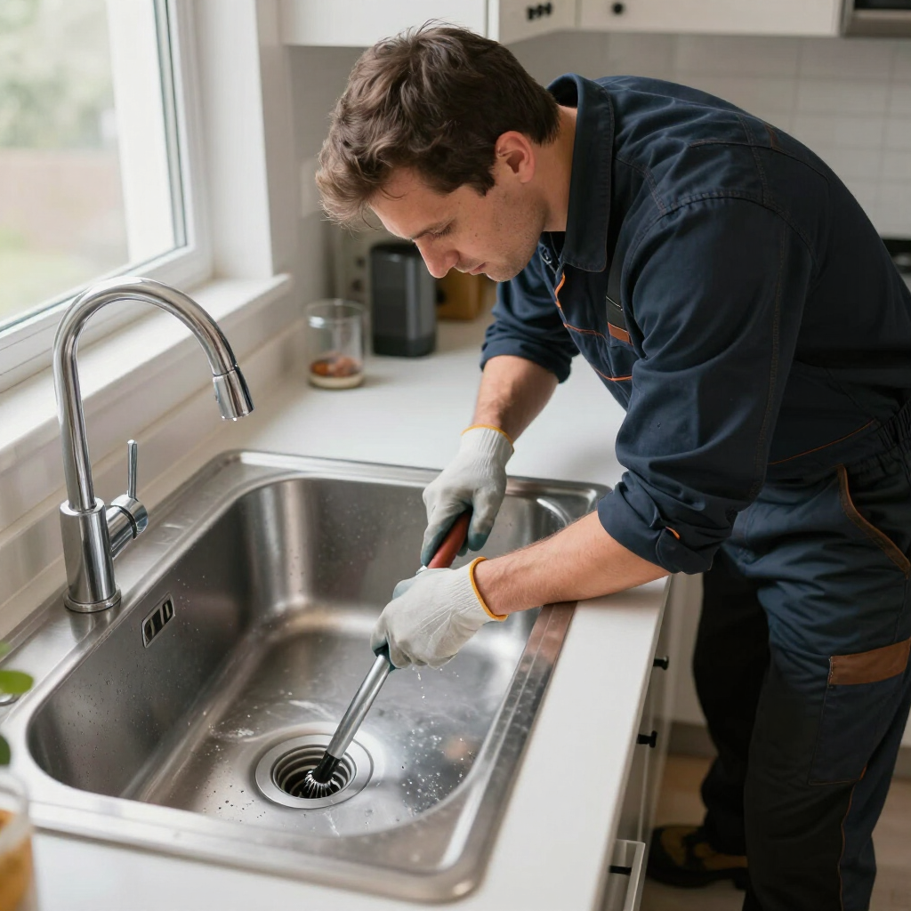 Técnico desentupindo pia de cozinha