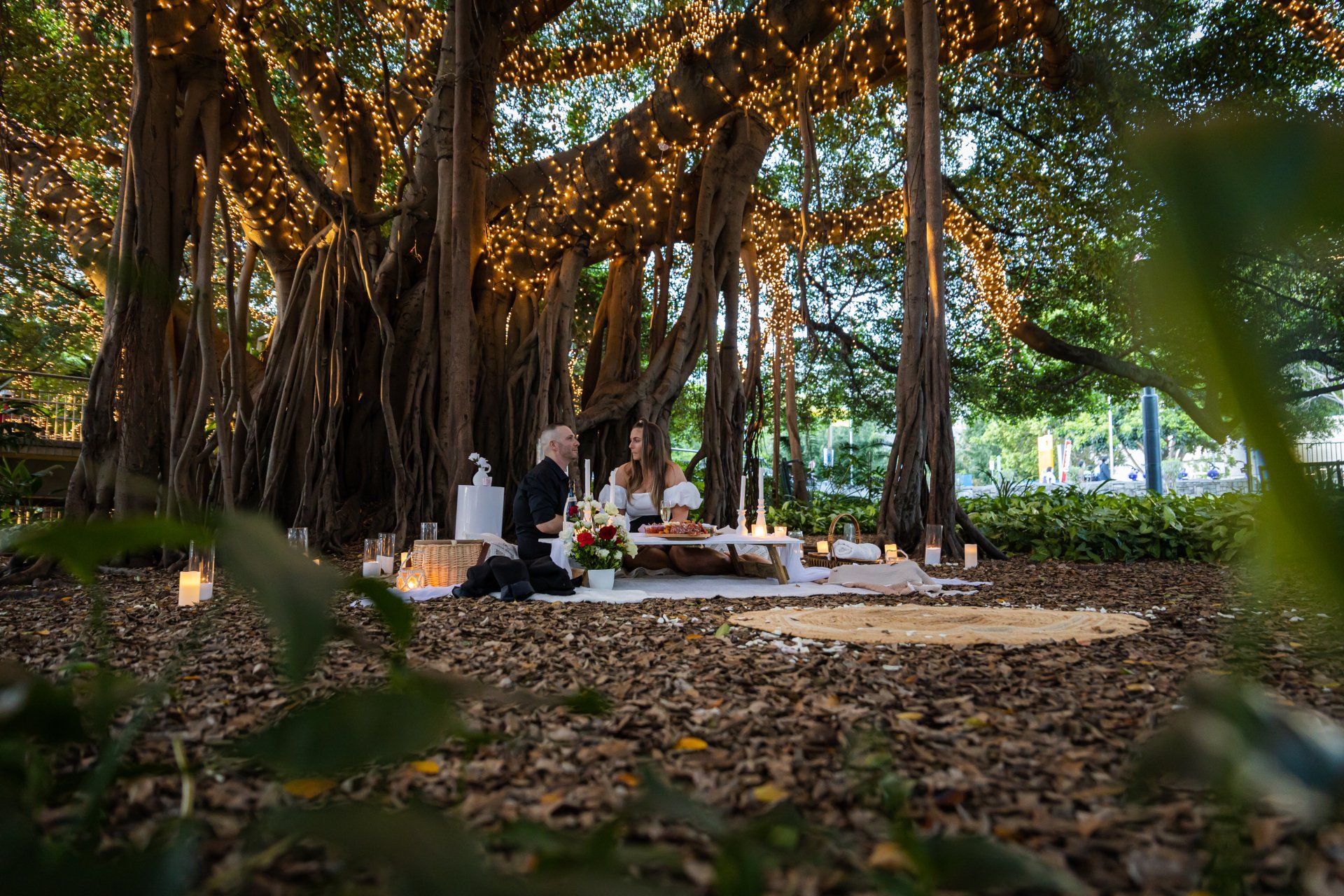 a couple is having a picnic under a tree in the woods .