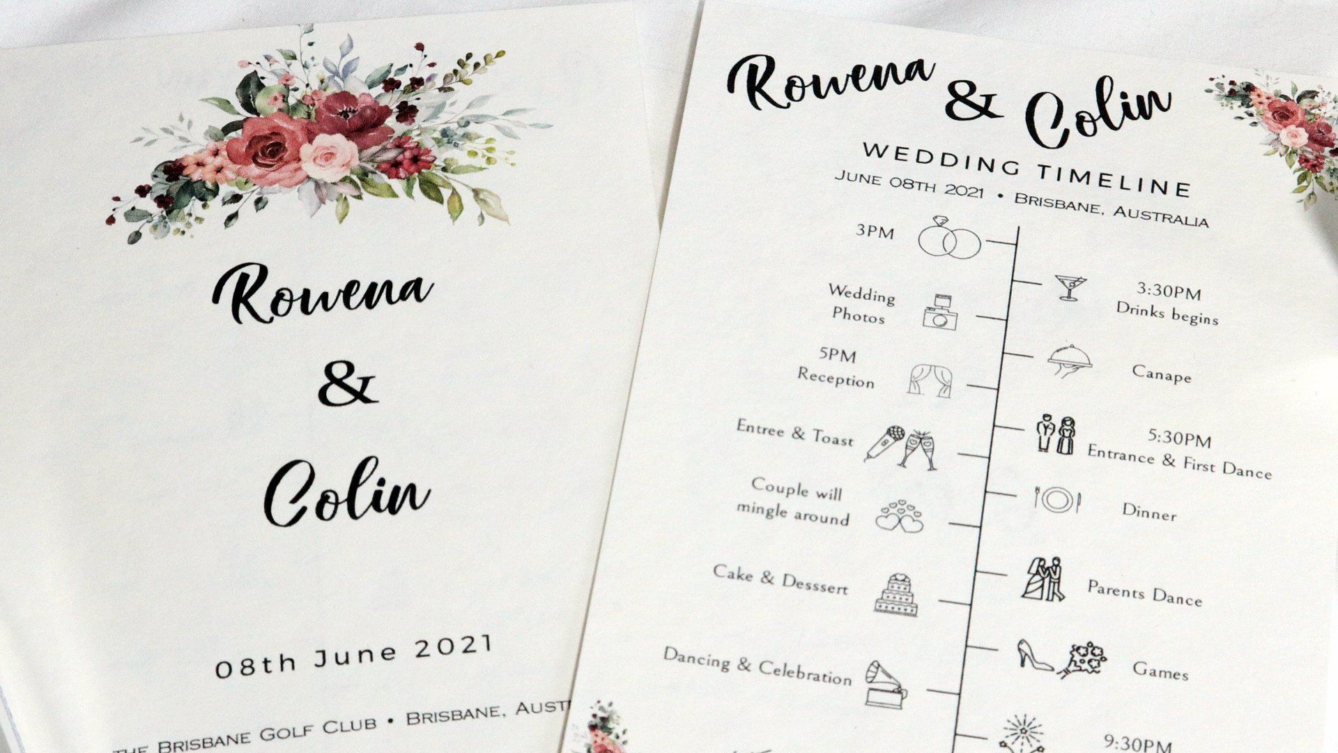 a wedding timeline for rowena and colin is sitting on a table .