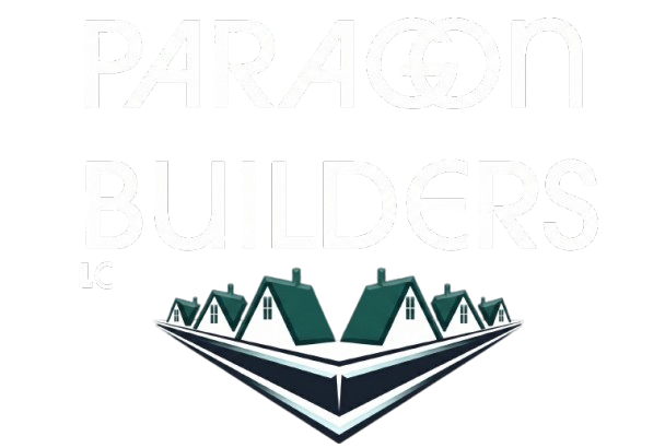 Paragon Builders logo with green rooftops over a stylized black and white geometric base