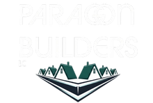 Paragon Builders logo with green rooftops over a stylized black and white geometric base