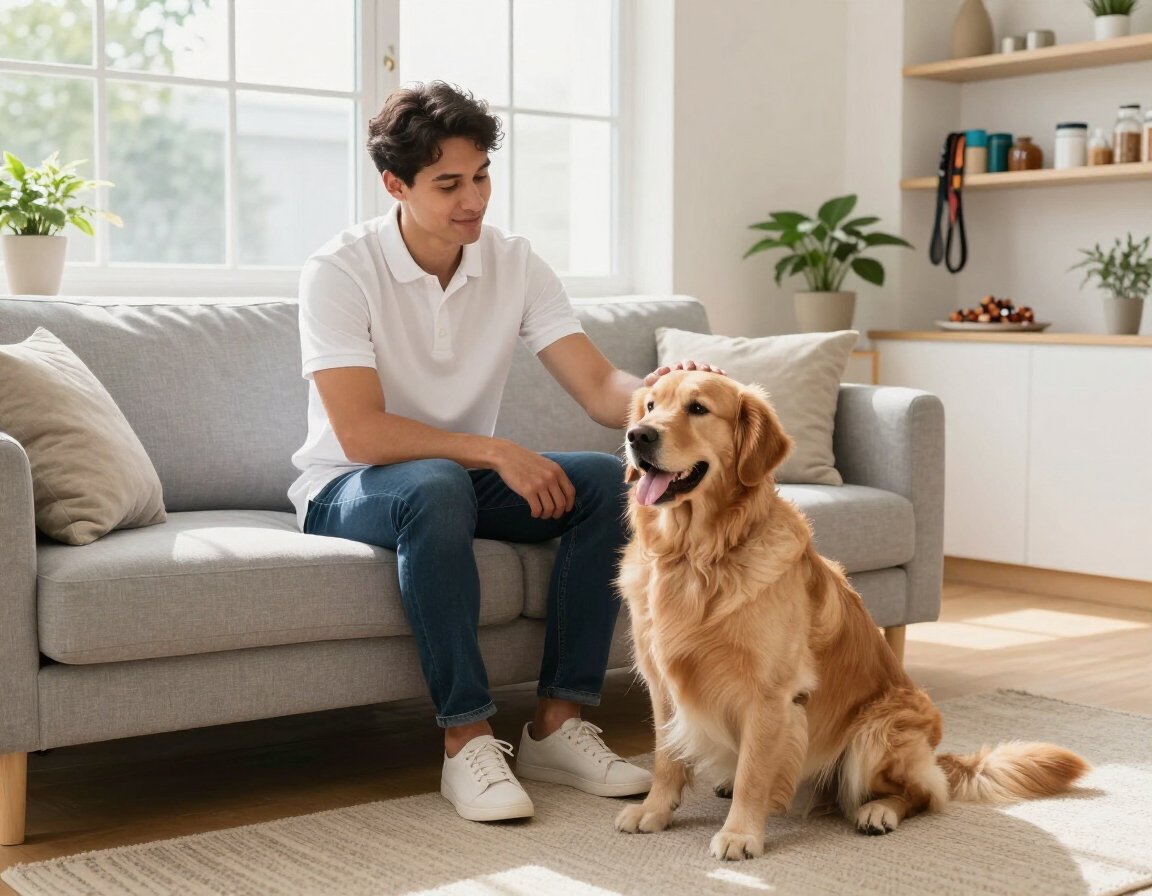 Pet care professional speaking with a dog owner inside a home.