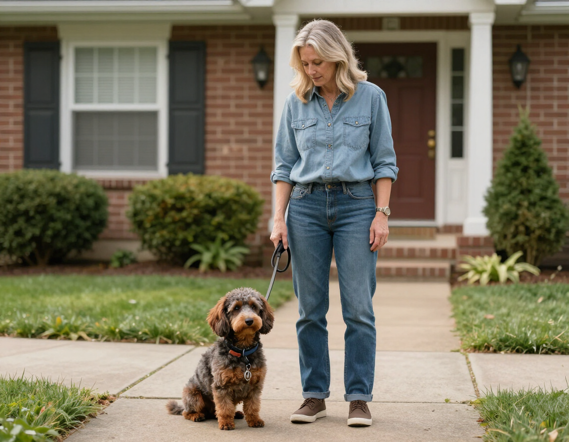 Experienced dog sitter preparing a dog for a safe neighborhood walk.