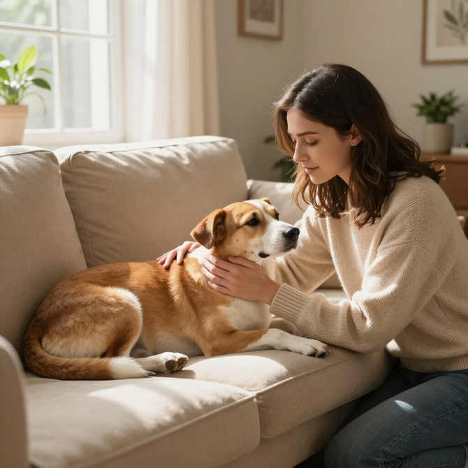A calm dog relaxing at home with a caring sitter nearby.