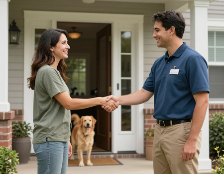 A happy client greeting a trusted in-home dog sitter.