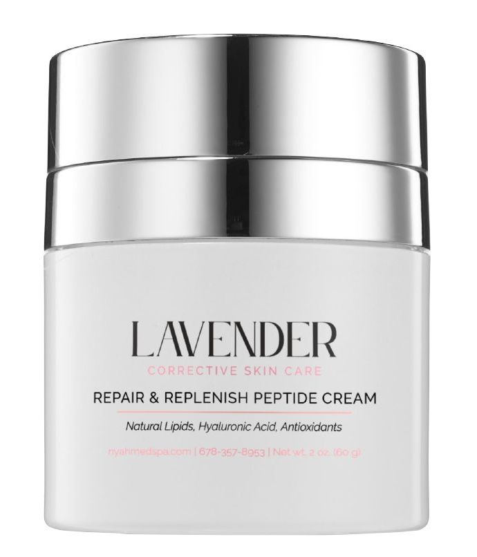 White jar of Lavender Repair & Replenish Peptide Cream with silver lid