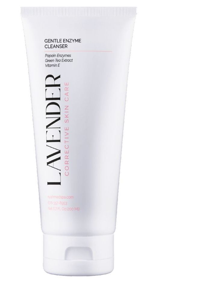 White Lavender skin care tube with “Gentlezyme Cleanser” text and a white cap