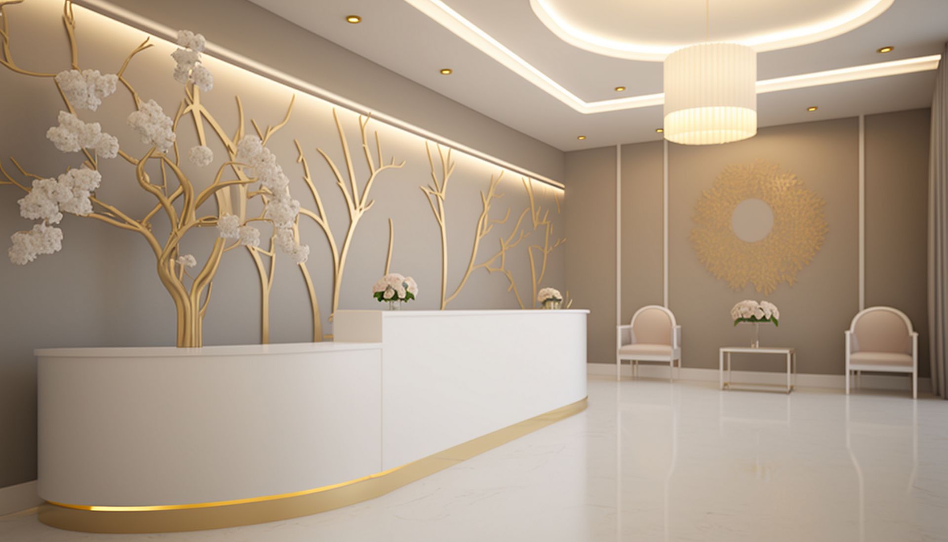 a 3d rendering of a modern reception area with a white counter and chairs .
