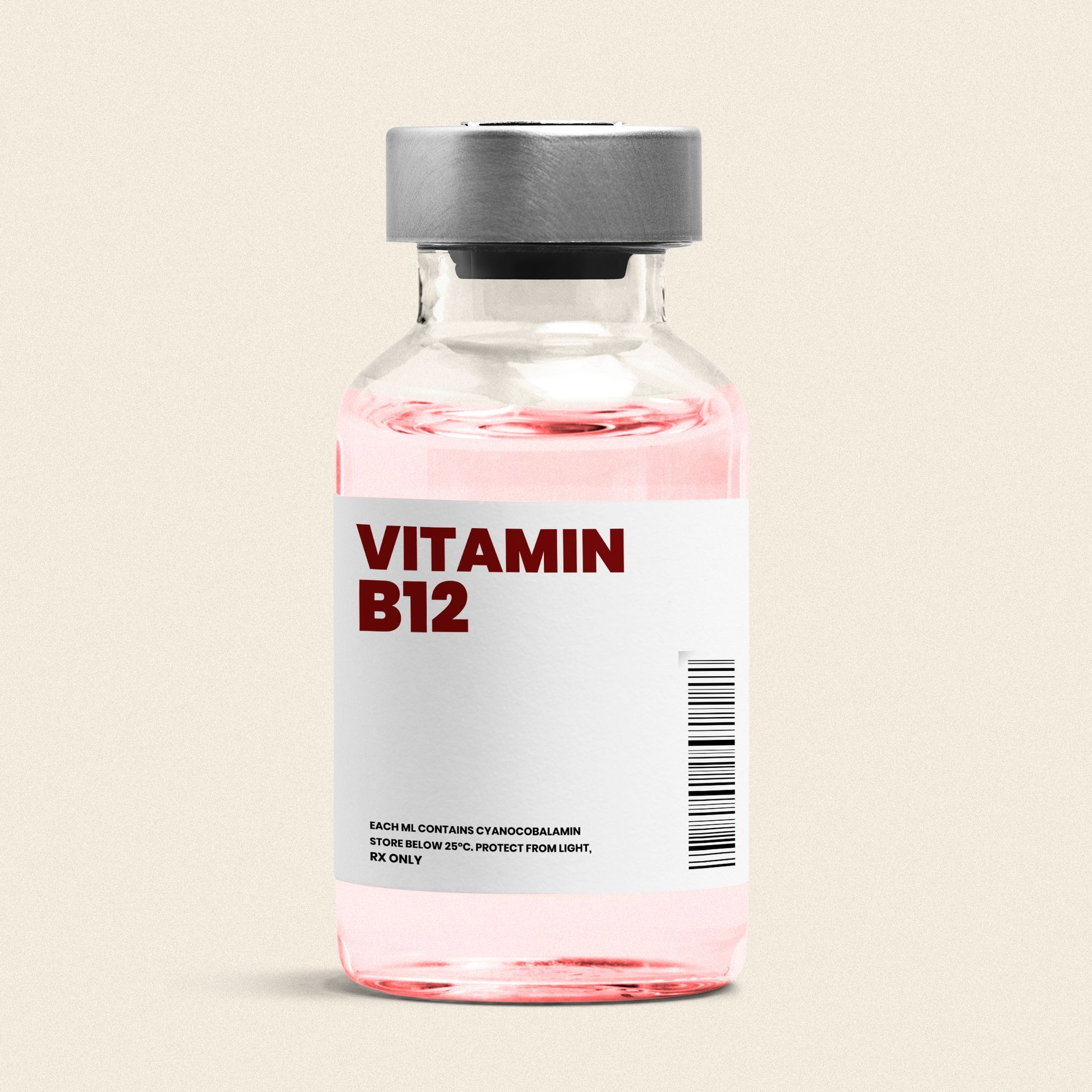 Vitamin B12 supplement bottle with pink liquid and gray cap on a plain background