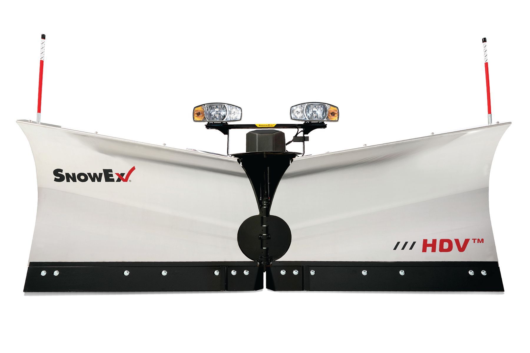 White SnowEx HDV snowplow with black and orange details, set against a white backdrop.