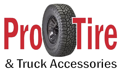 Logo for Pro Tire & Truck Accessories, red text with a tire in place of the