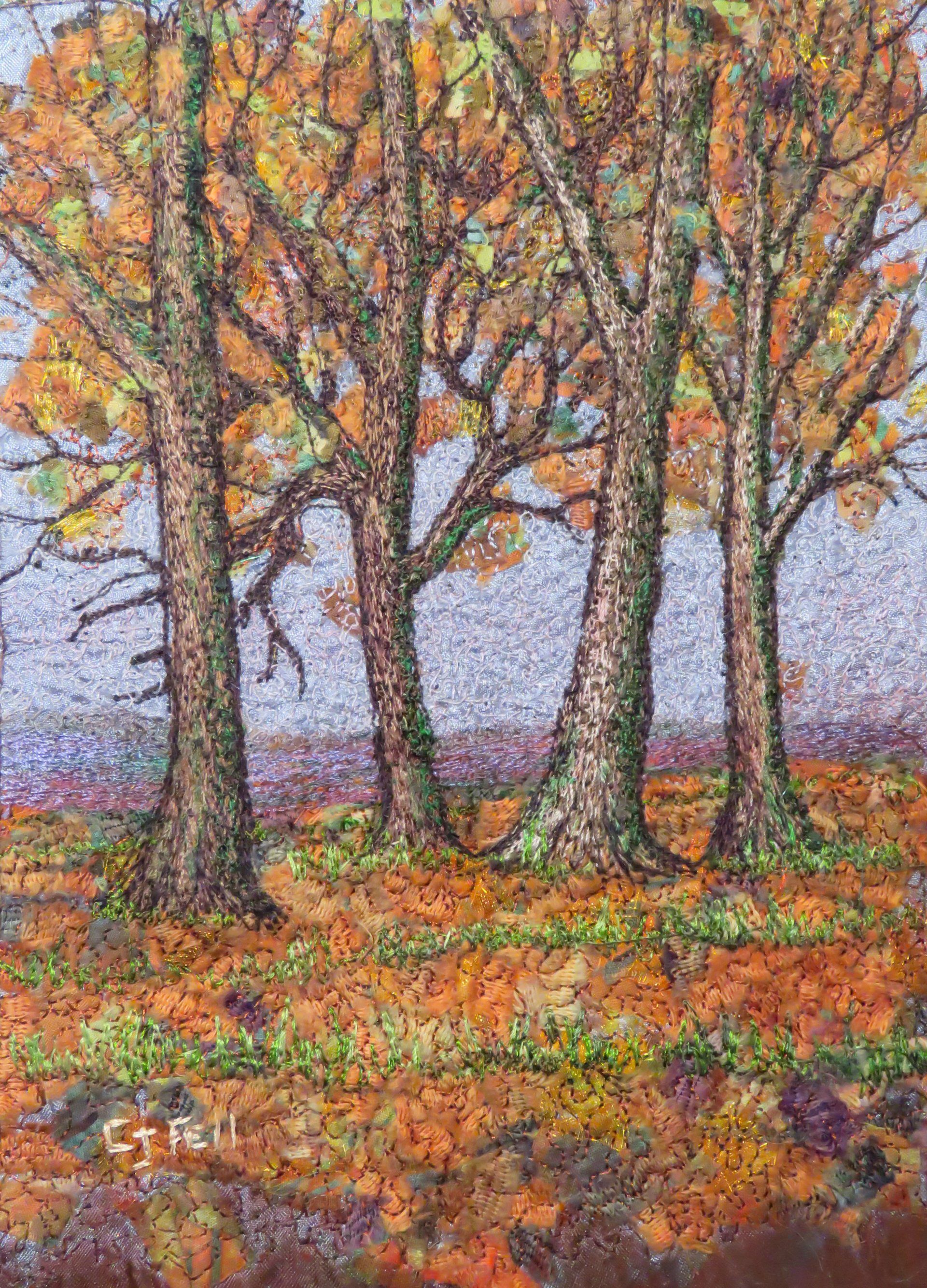 four sisters machine embroidery of trees by claire fell