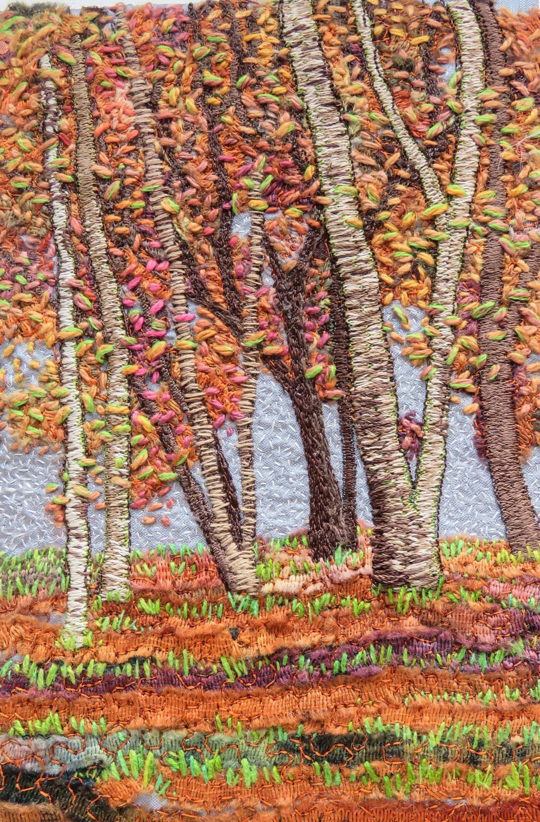 Autumn wood free machine embroidery  with hand embroidered details