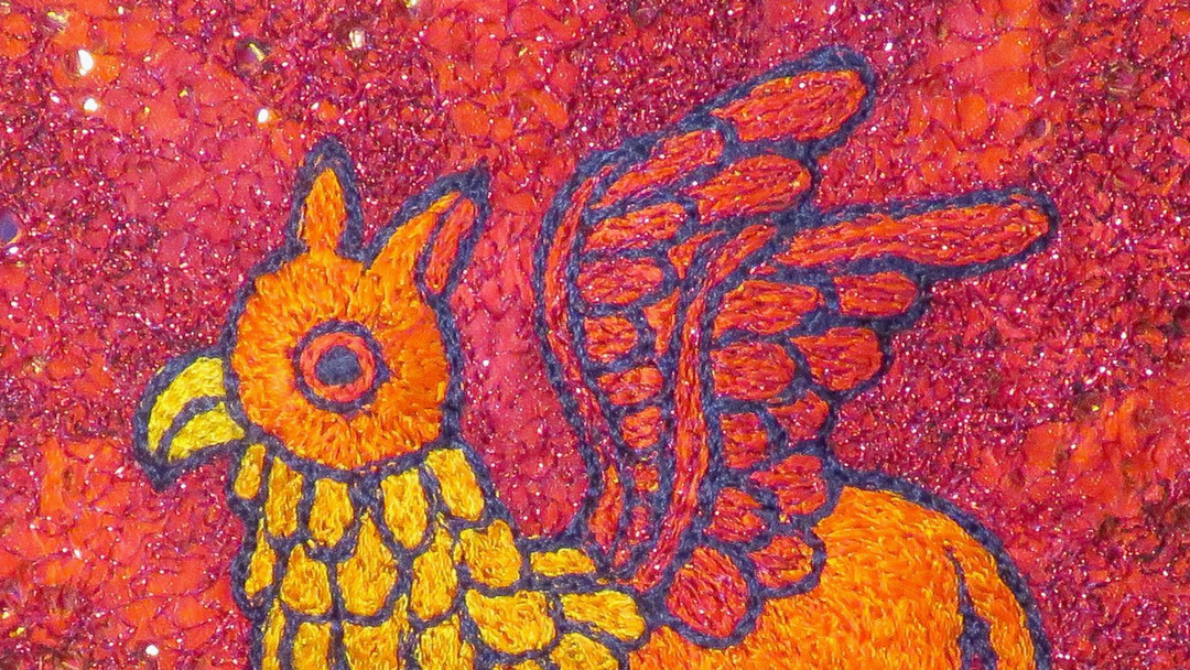 Naive griffon machine embroidery by claire fell SOLD
