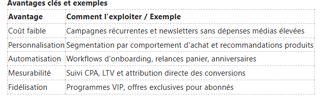 Tableau détaillant les principaux avantages du marketing : faible coût, personnalisation, automatisation, mesurabilité et fidélisation de la clientèle.