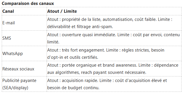 Un tableau intitulé « Comparaison des canaux » listant les avantages et les inconvénients du courrier électronique, des SMS, de WhatsApp, des réseaux sociaux et des publicités payantes.