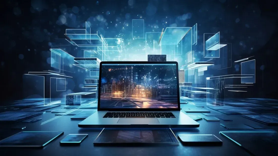 Un ordinateur portable trônait au centre d'un espace de travail sombre et high-tech, avec des interfaces numériques lumineuses et des projections de lumière bleue.