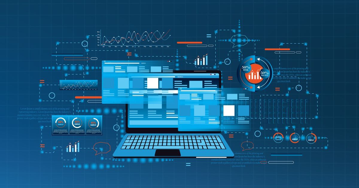 Une image numérique bleue représentant un ordinateur portable entouré de graphiques de visualisation de données, de fenêtres d'interface et d'icônes techniques.