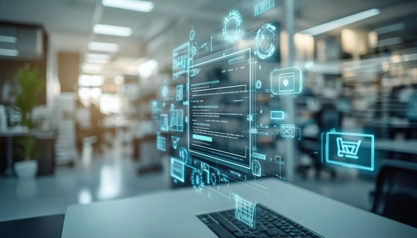 Une interface bleue translucide et lumineuse, avec des données, du code et des icônes flottant au-dessus d'un bureau dans un environnement de bureau flou.