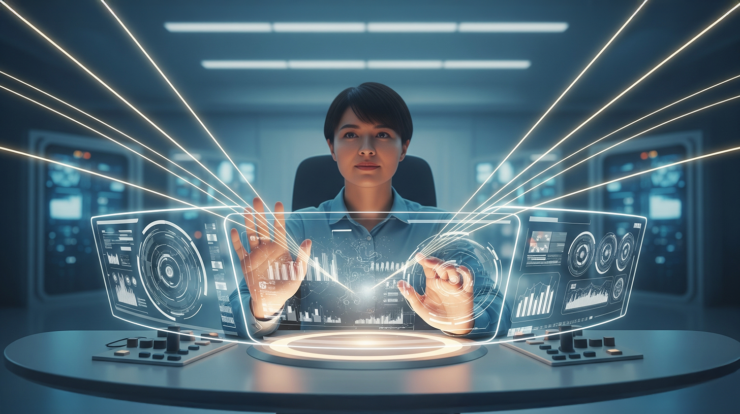 Dans une salle de contrôle moderne et high-tech, une personne est assise à un bureau et interagit avec une interface holographique translucide et lumineuse.