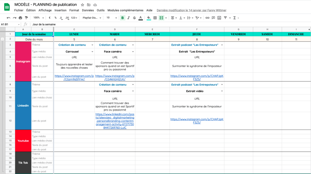 Calendrier de réseaux sociaux