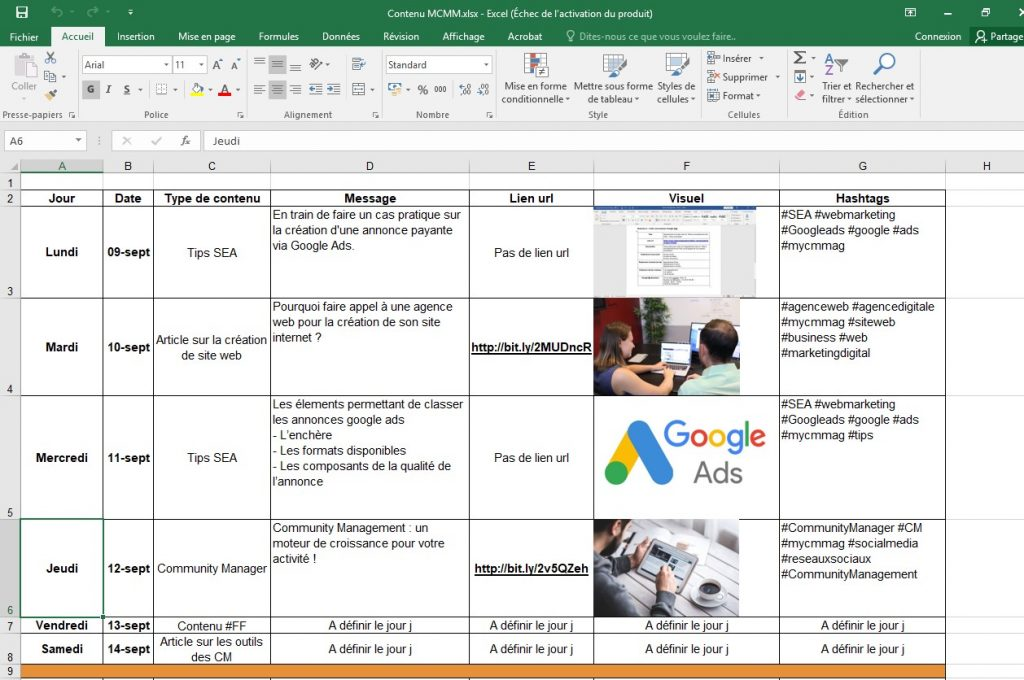 Calendrier de réseaux sociaux