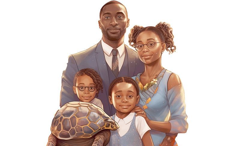 Une famille pose pour une photo avec une tortue.