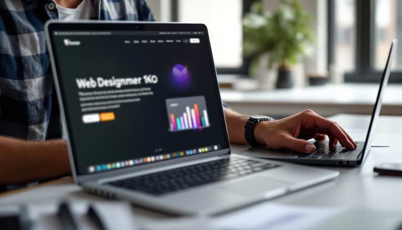 Dans un bureau bien éclairé, une personne travaille sur un ordinateur portable affichant une interface de conception web avec un graphique à barres coloré.