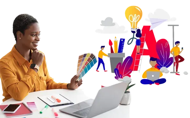 Une femme est assise à un bureau devant un ordinateur portable.