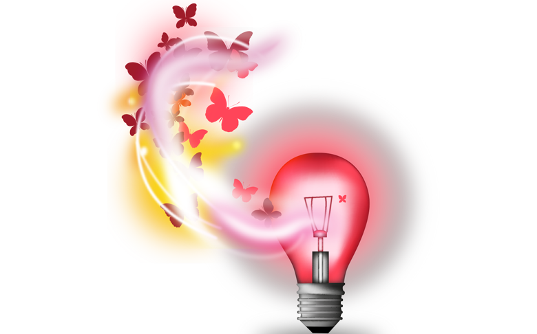 Une ampoule rouge avec des papillons qui en sortent