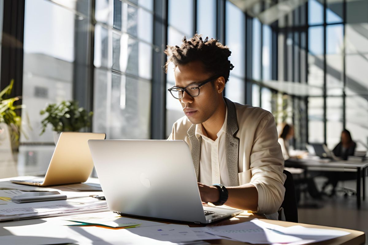 Une personne vêtue d'un blazer clair travaille sur un ordinateur portable dans un bureau moderne et lumineux doté de grandes fenêtres.