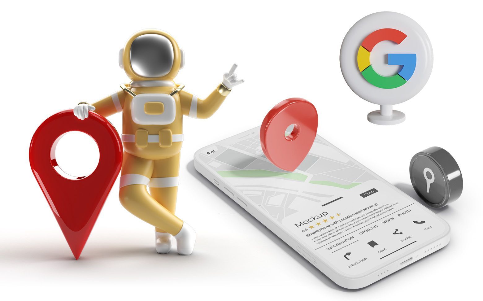 Un astronaute se tient à côté d'une épingle de carte et d'un logo Google.