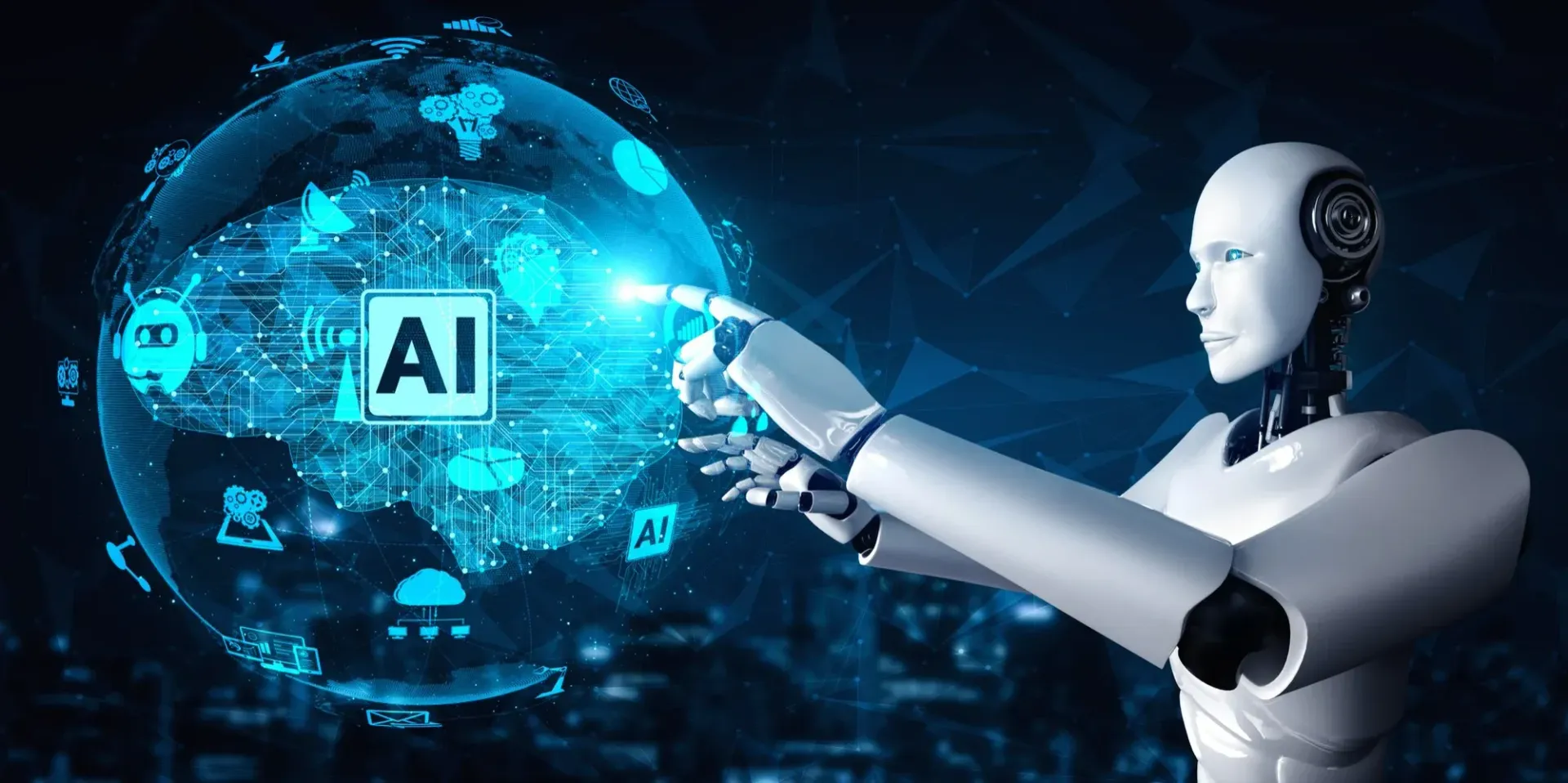 Un robot humanoïde blanc tend la main pour toucher un globe numérique bleu lumineux orné d'un cerveau d'IA et d'icônes technologiques.