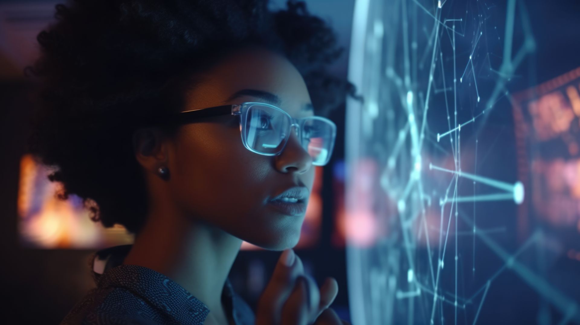 Une femme portant des lunettes regarde un écran d'ordinateur.