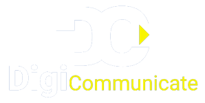 Un logo pour une entreprise appelée digi communicate avec un bouton de lecture jaune.