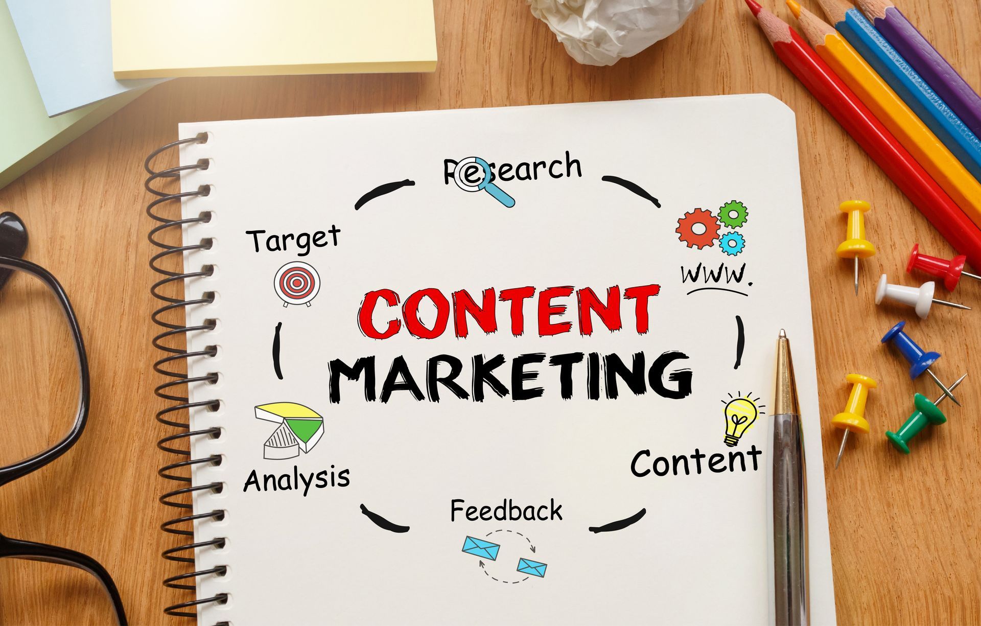 Un cahier avec les mots marketing de contenu écrits dessus.