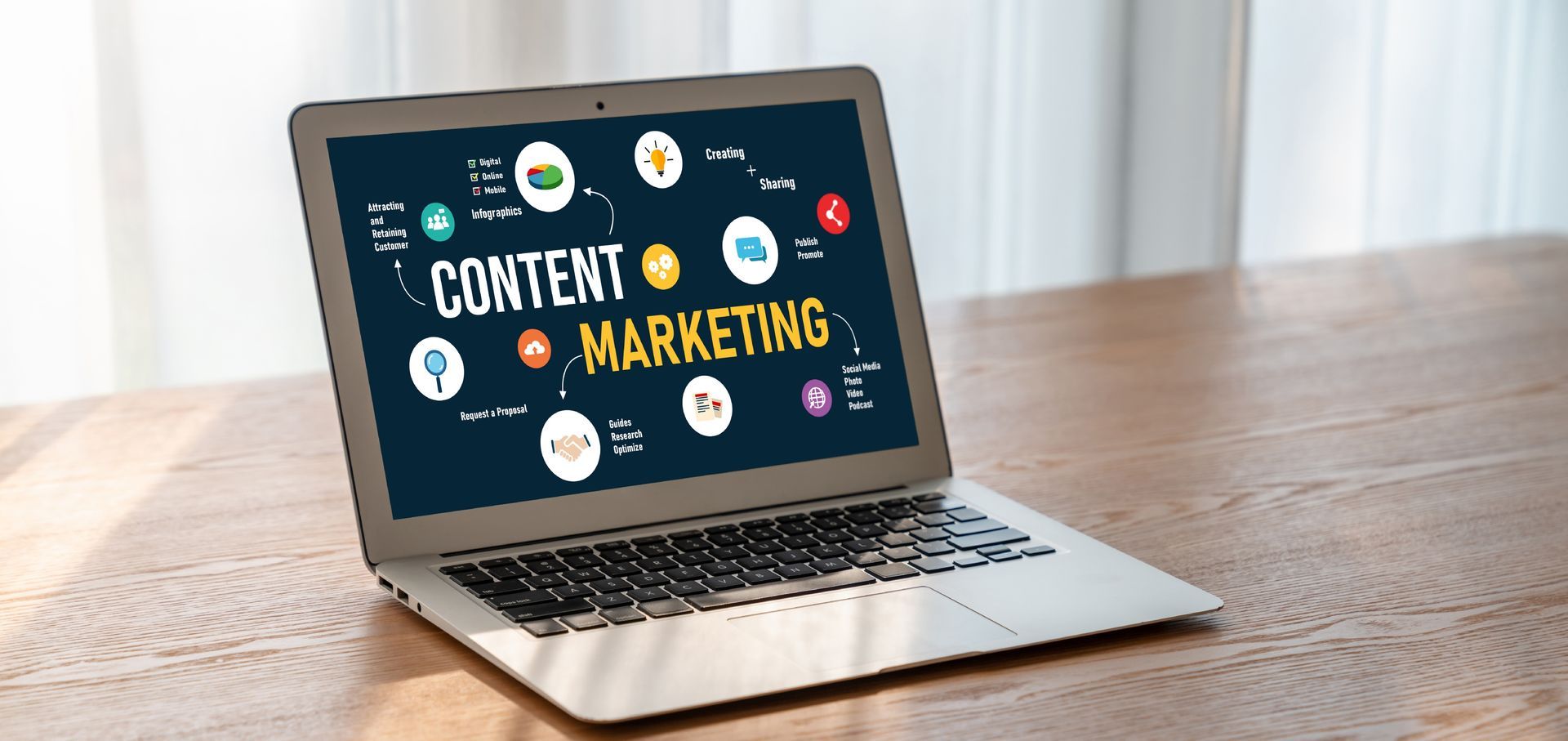 Un ordinateur portable est ouvert sur un écran qui dit marketing de contenu.