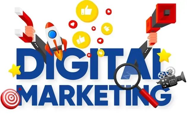 Un logo pour le marketing numérique avec une loupe et une fusée.