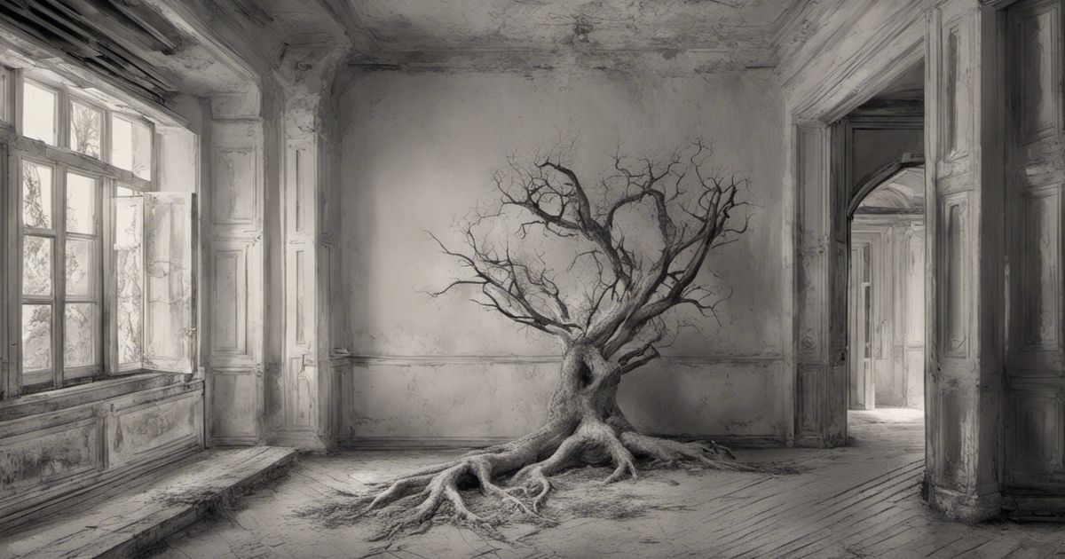Une photo en noir et blanc d'un arbre dans une pièce vide.