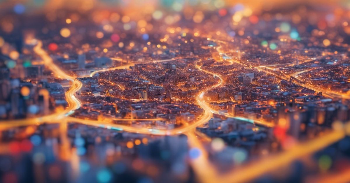 Une vue aérienne d'une ville la nuit avec beaucoup de lumières.