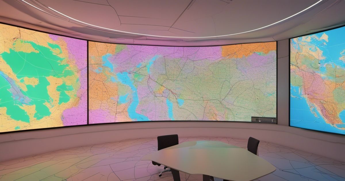 Une salle de conférence avec une table et des chaises et trois grandes cartes au mur.