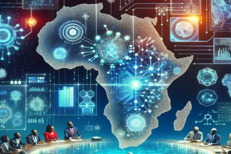 Des personnes sont assises à une table devant une projection numérique lumineuse du continent africain, recouvert de motifs de circuits imprimés.