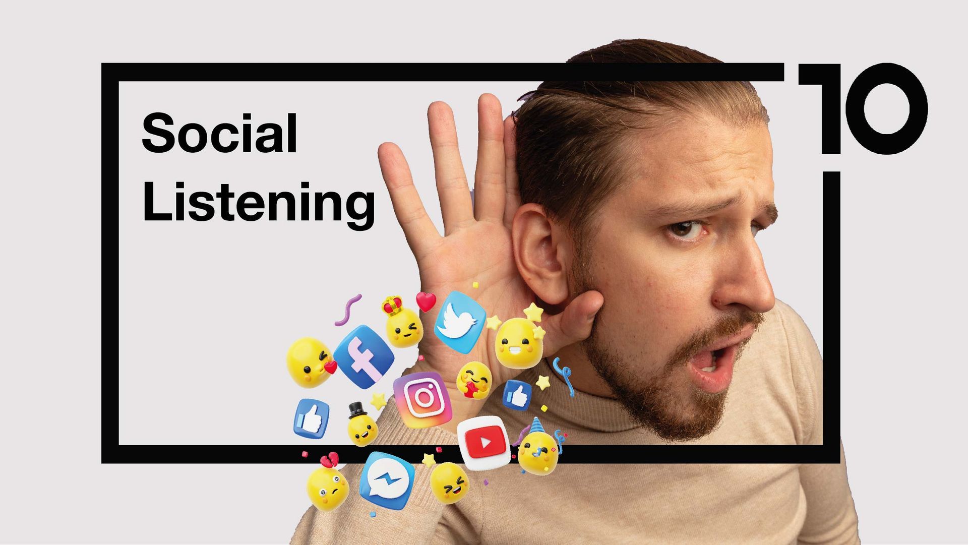 Un homme porte sa main à son oreille et écoute les médias sociaux.