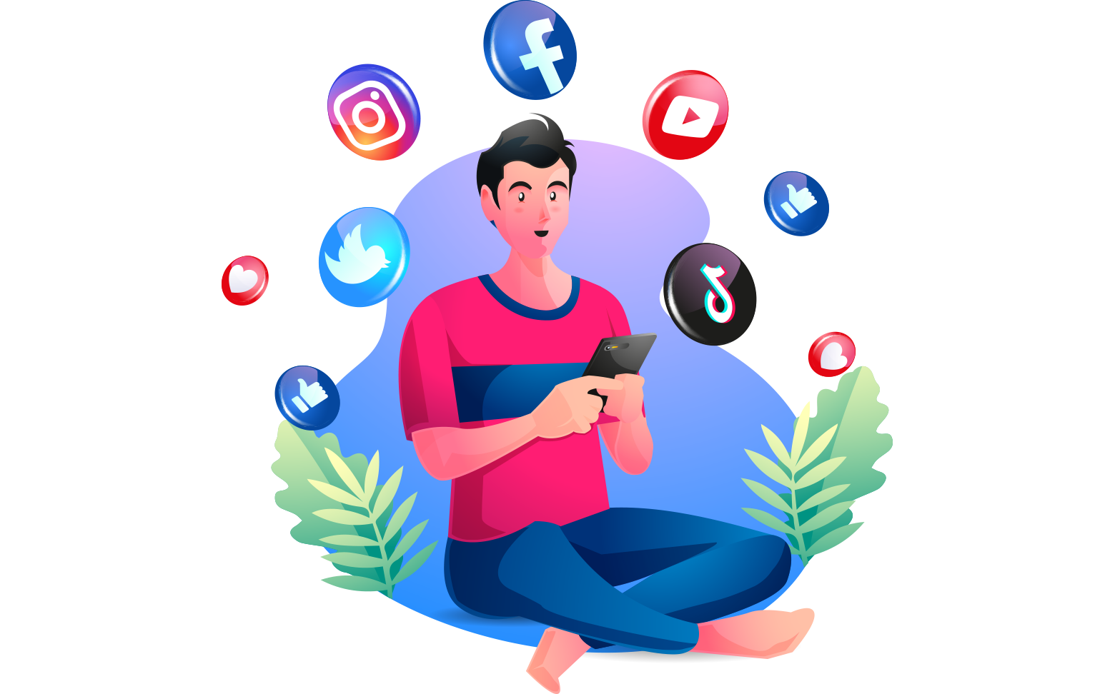 Un homme est assis par terre en utilisant un téléphone portable entouré d'icônes de médias sociaux.