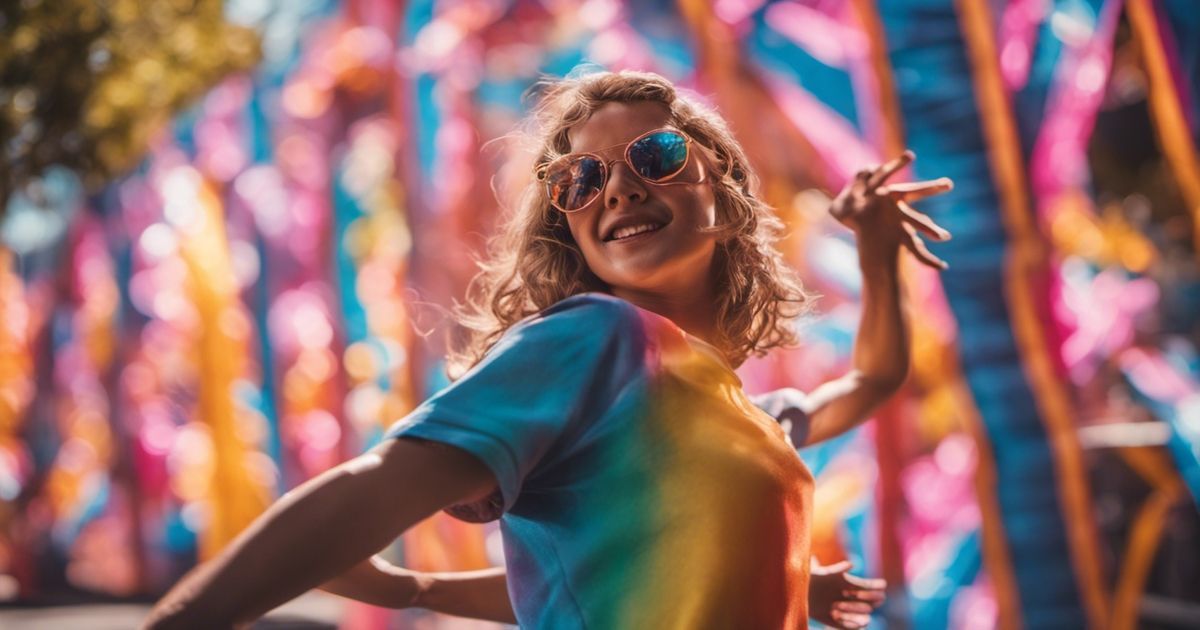 Une femme portant une chemise tie dye et des lunettes de soleil danse devant un mur coloré.