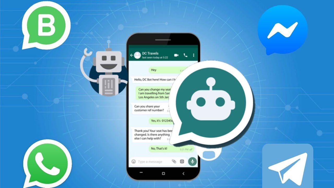 Un smartphone affiche une conversation avec un bot, entourée d'icônes d'applications de messagerie et d'un dessin de robot sur fond bleu.