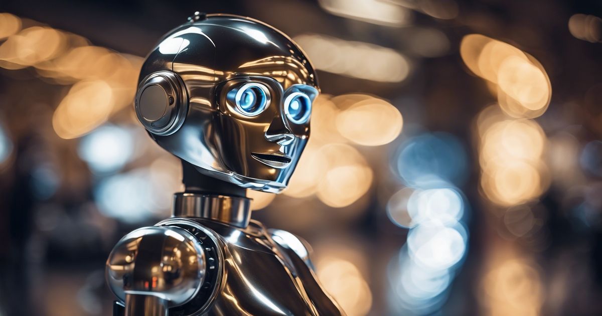 Gros plan sur un robot humanoïde métallique et élégant aux yeux bleus brillants, se détachant sur un fond flou aux tons chauds.