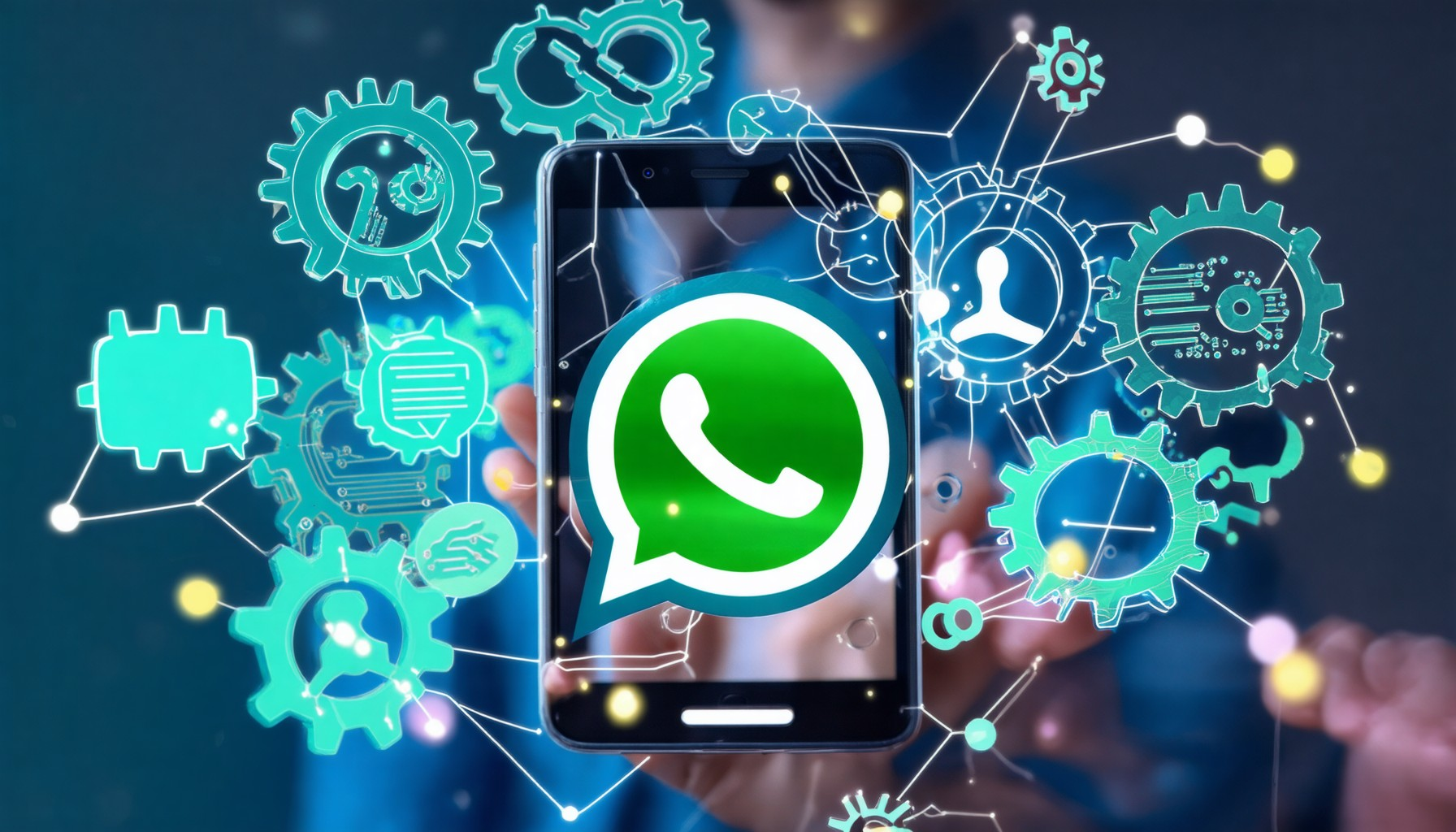 Une personne tenant un smartphone affichant un grand logo WhatsApp, entouré d'icônes numériques et de réseaux d'un bleu turquoise lumineux.