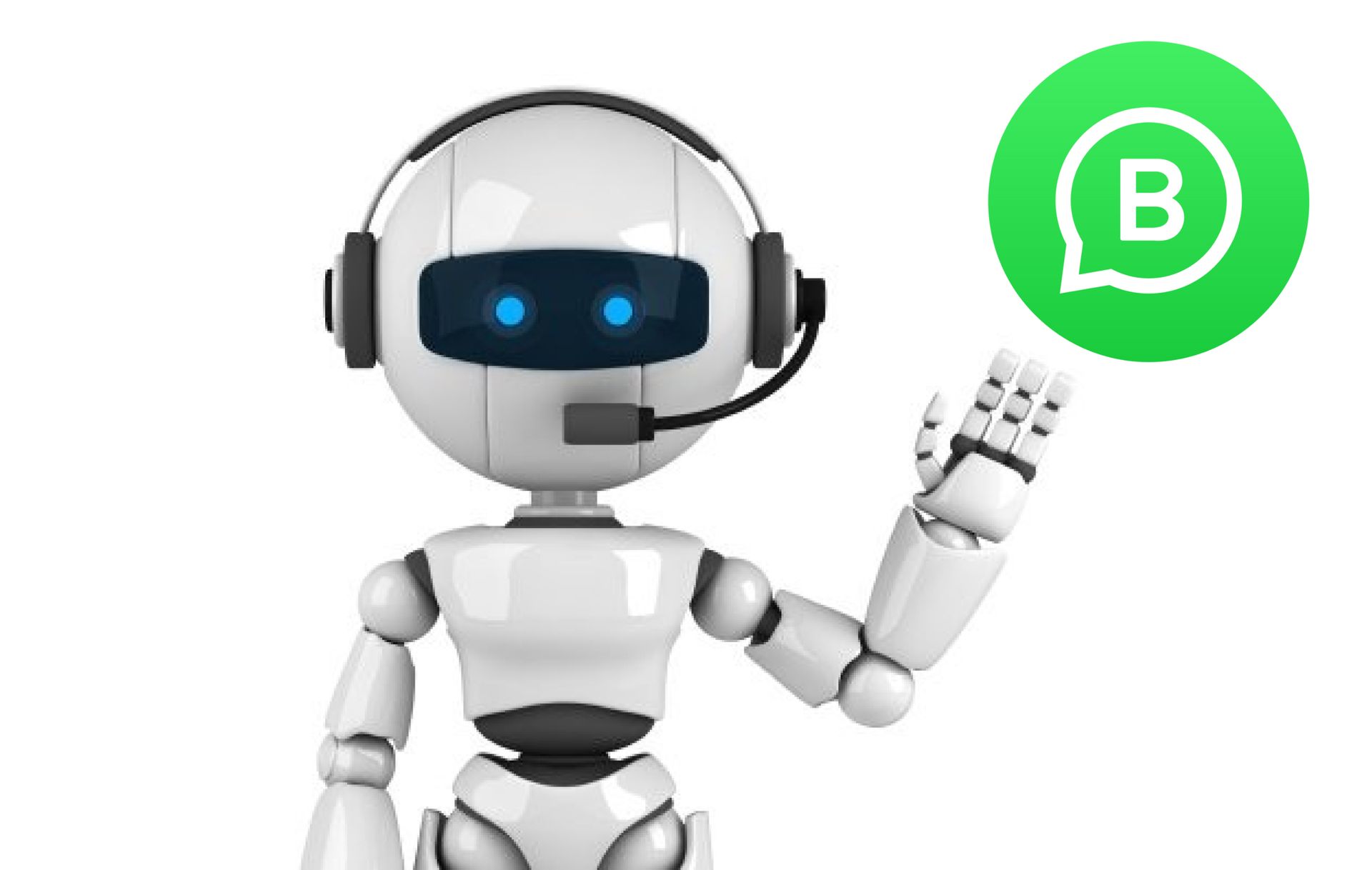 Un robot blanc aux yeux bleus brillants et portant un casque audio fait signe de la main à côté d'un logo vert WhatsApp Business.