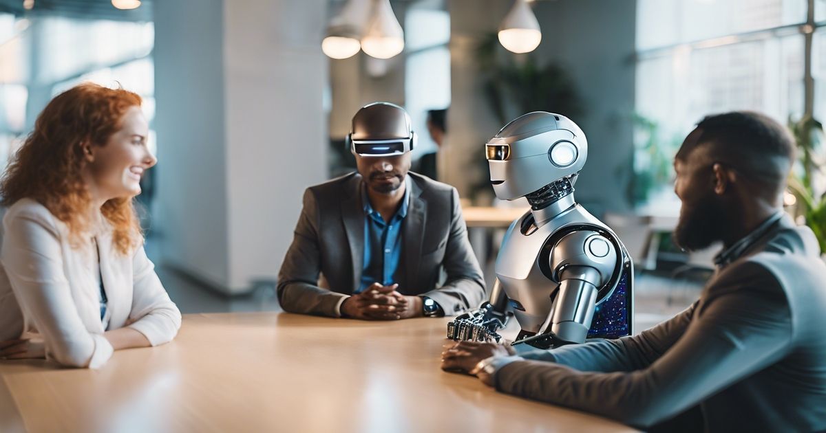 Un groupe diversifié de professionnels et un robot humanoïde sont assis autour d'une table de conférence lors d'une réunion collaborative.